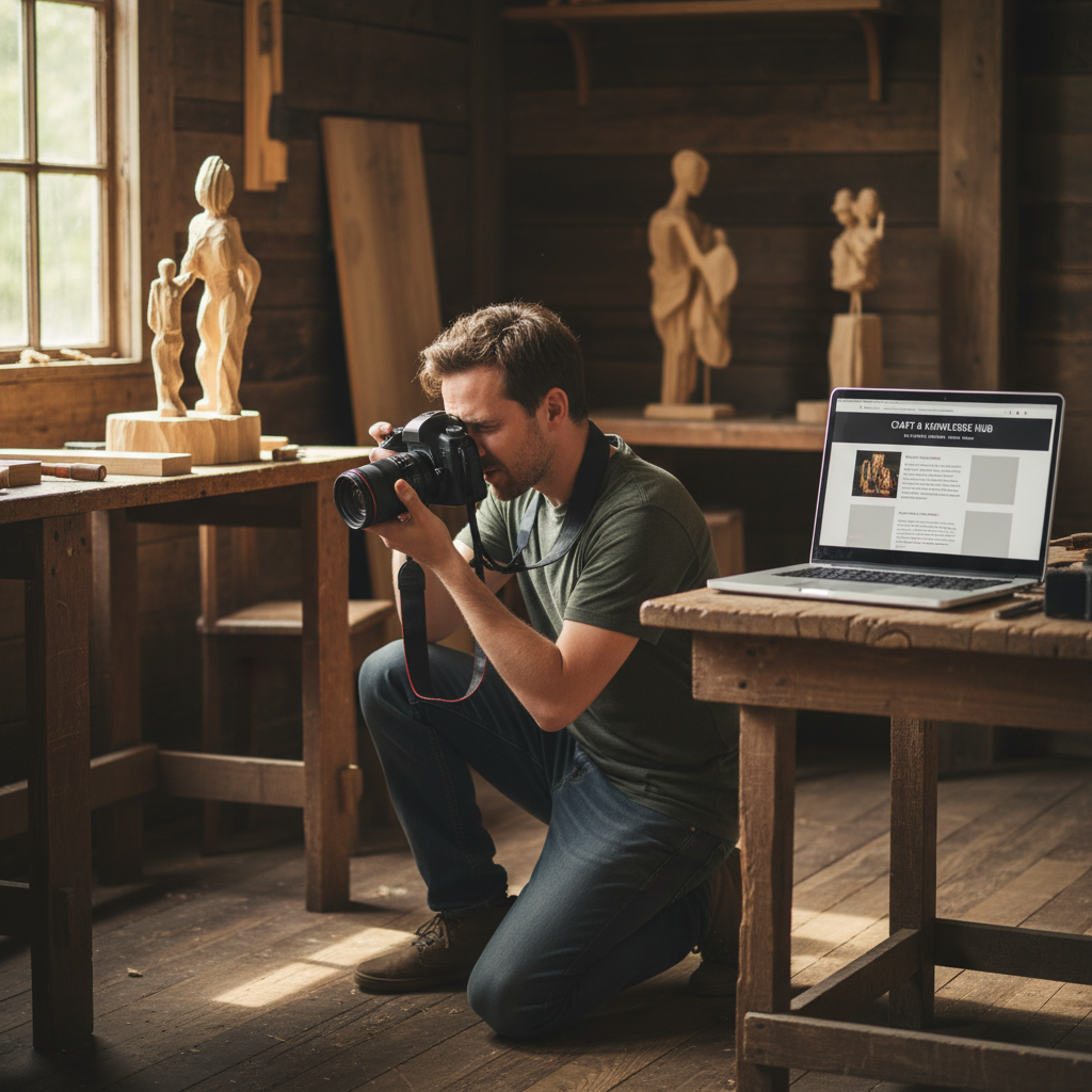 Illustration d'un artisan photographiant son travail et partageant son expertise sur son blog professionnel — E-E-A-T et e...