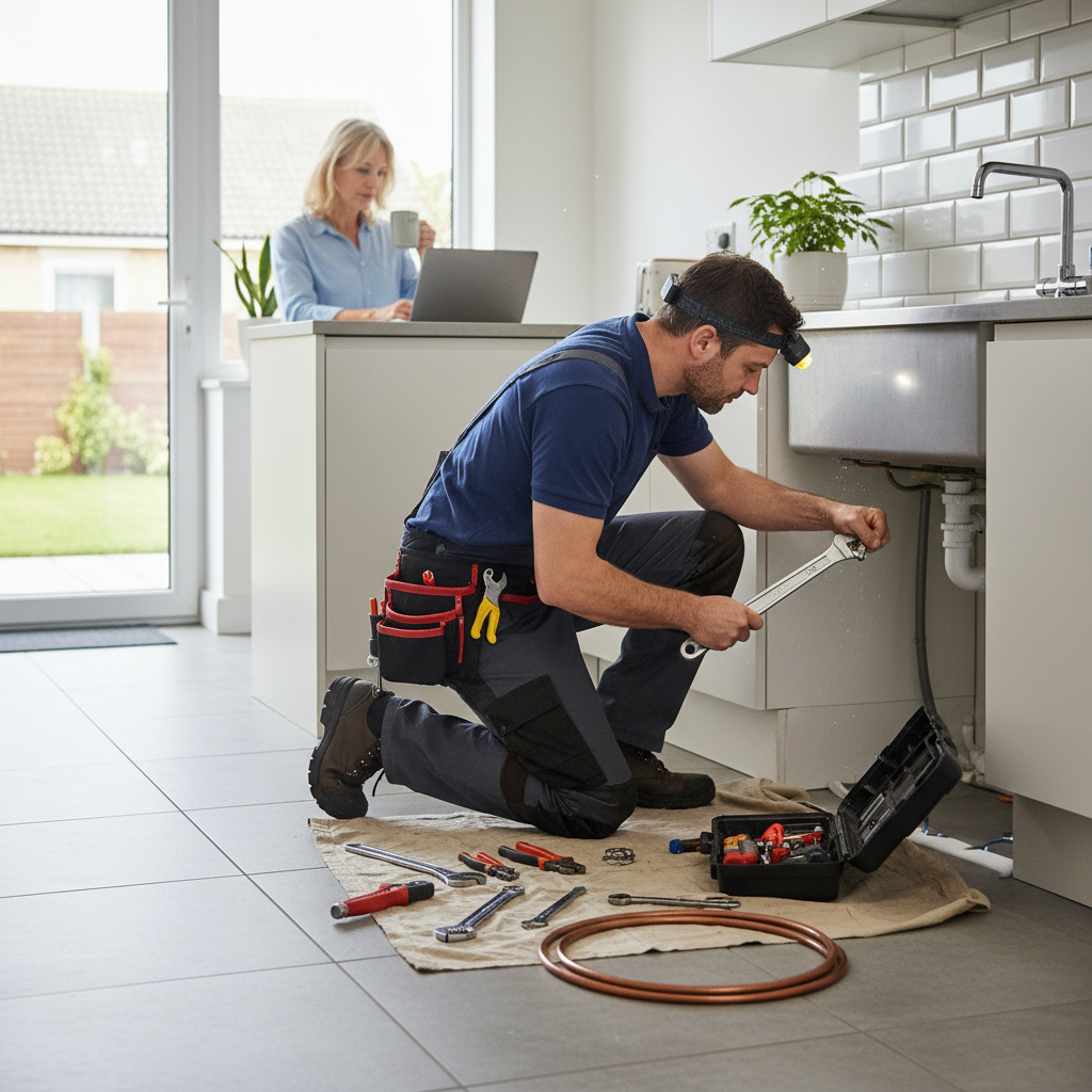 Un plombier ou artisan local photographié en train de travailler dans l'établissement d'un client, avec outils professionn...