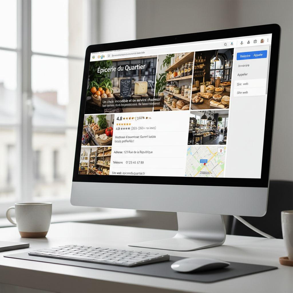 Capture d'écran ou mockup d'une fiche Google Business Profile bien complétée, avec photos professionnelles, avis positifs,...
