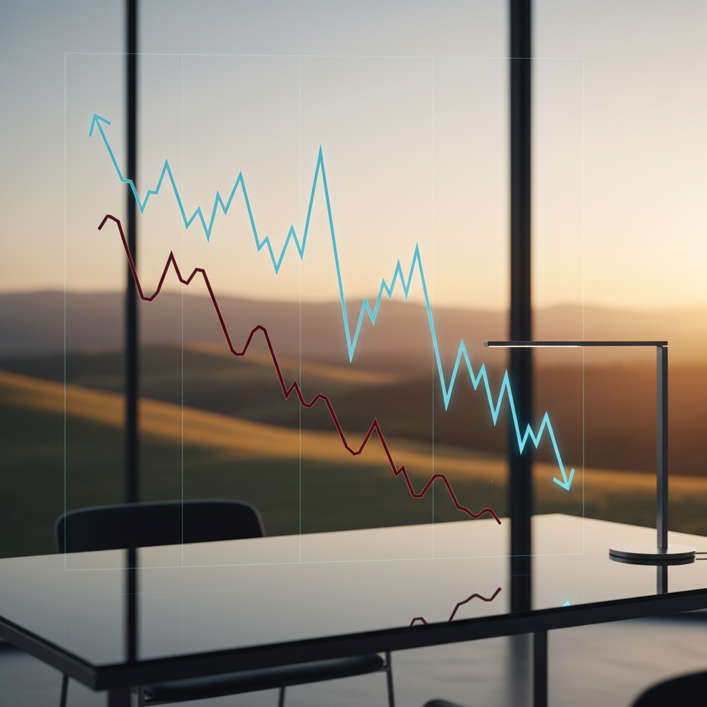 Visualisation professionnelle montrant un graphique de volatilité algorithmique avec une courbe en escalier descendante re...