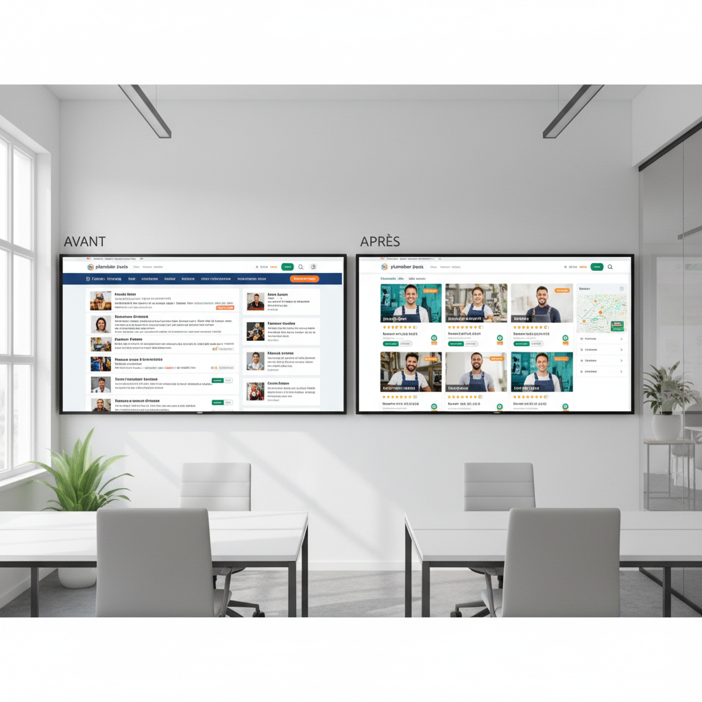 Tableau comparatif avant/après montrant un site professionnel de service local avec pages de résultats visibles comparant ...