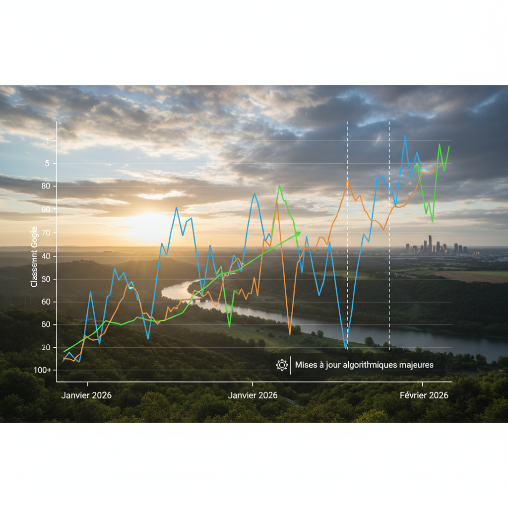 Graphique illustrant les fluctuations des classements Google entre janvier et février 2026 — Mises à jour algorithmiques m...