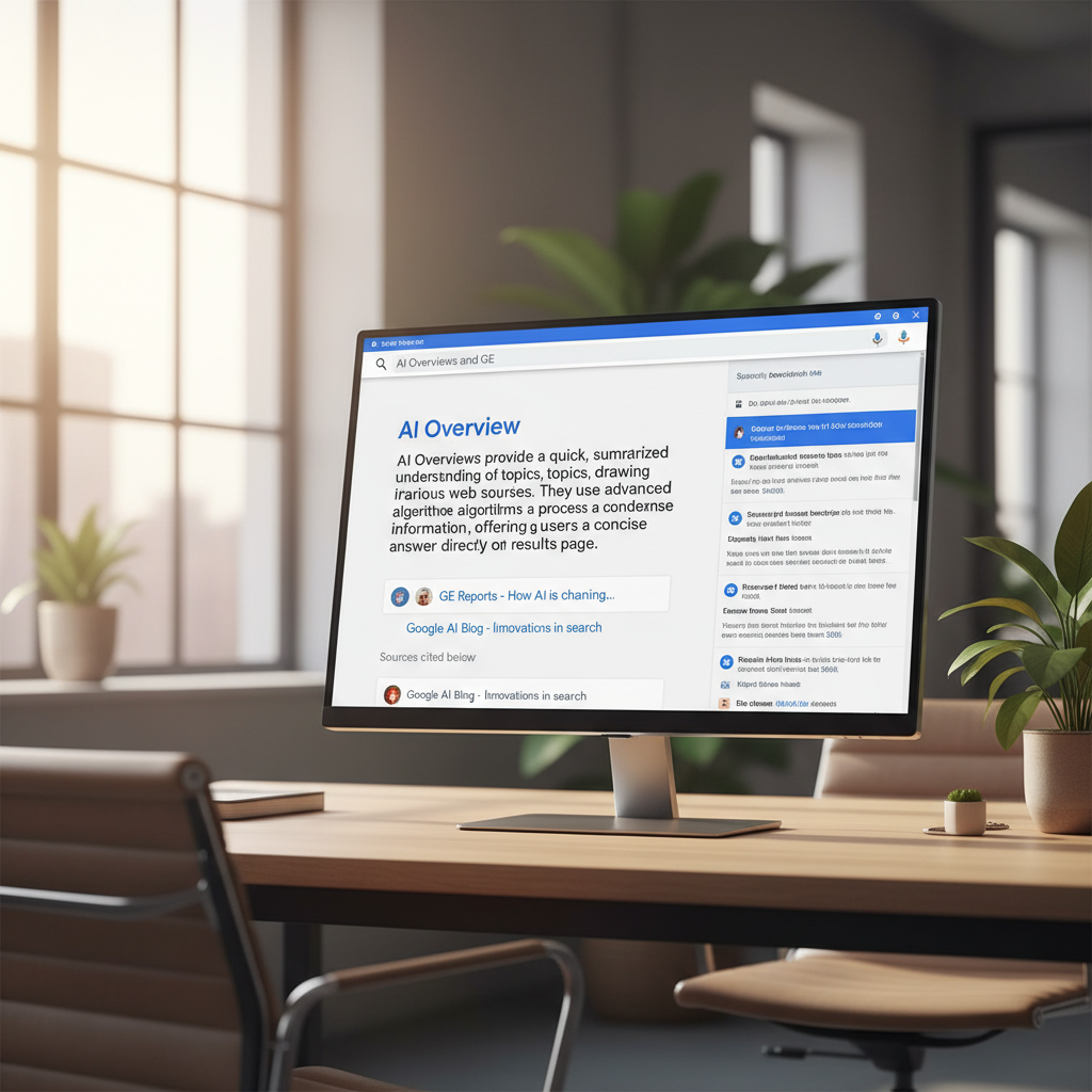Vue d'écran d'une recherche Google affichant un AI Overview avec synthèse IA et sources citées en bas — AI Overviews et GE...
