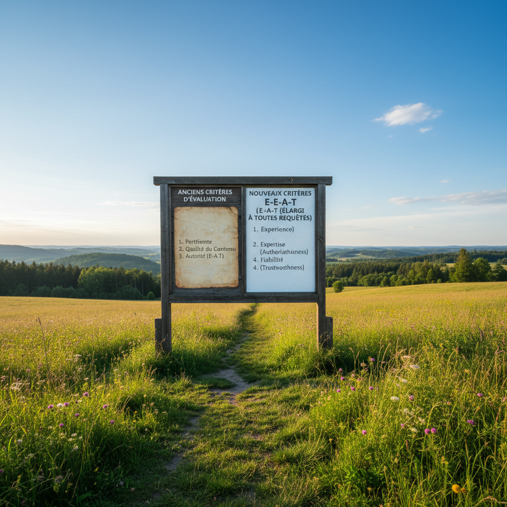 Tableau comparatif montrant les anciens critères d'évaluation vs les nouveaux critères E-E-A-T étendus à toutes requêtes —...