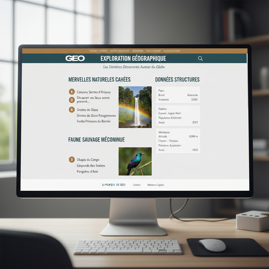 Exemple d'une page web bien structurée pour le GEO avec titres hiérarchisés, listes à puces, données structurées visibles ...
