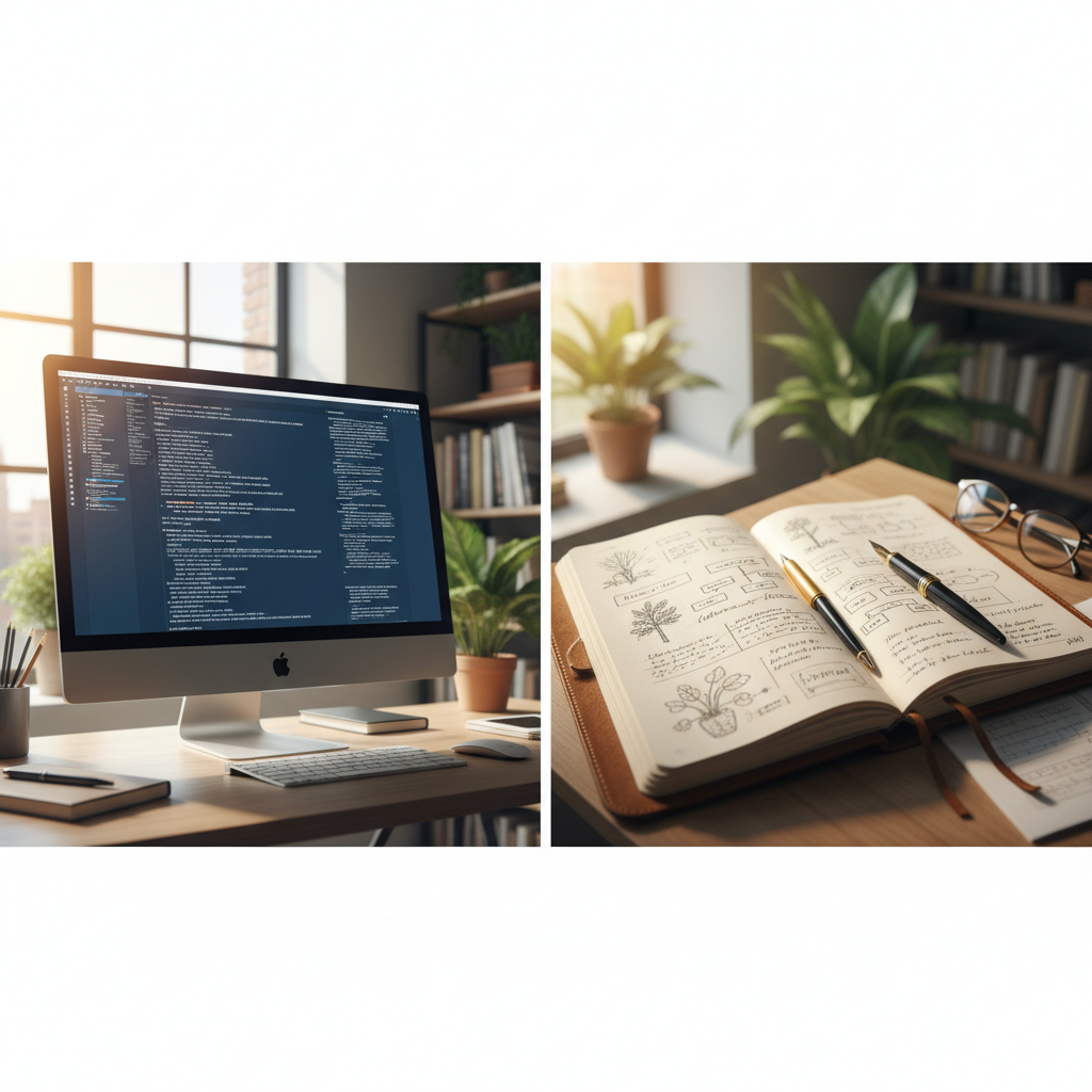 Comparaison visuelle en deux colonnes : d'un côté un écran d'ordinateur avec du texte générique, de l'autre un carnet remp...