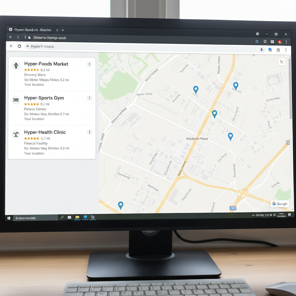 Capture d'écran montrant les résultats Google Maps avec trois entreprises locales affichées près de l'utilisateur — Hyper-...
