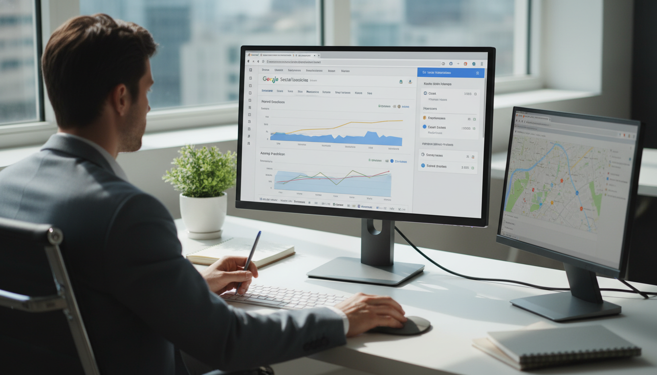 Vue d'un bureau moderne avec un ordinateur affichant Google Search Console et des graphiques analytiques — Mises à jour Go...