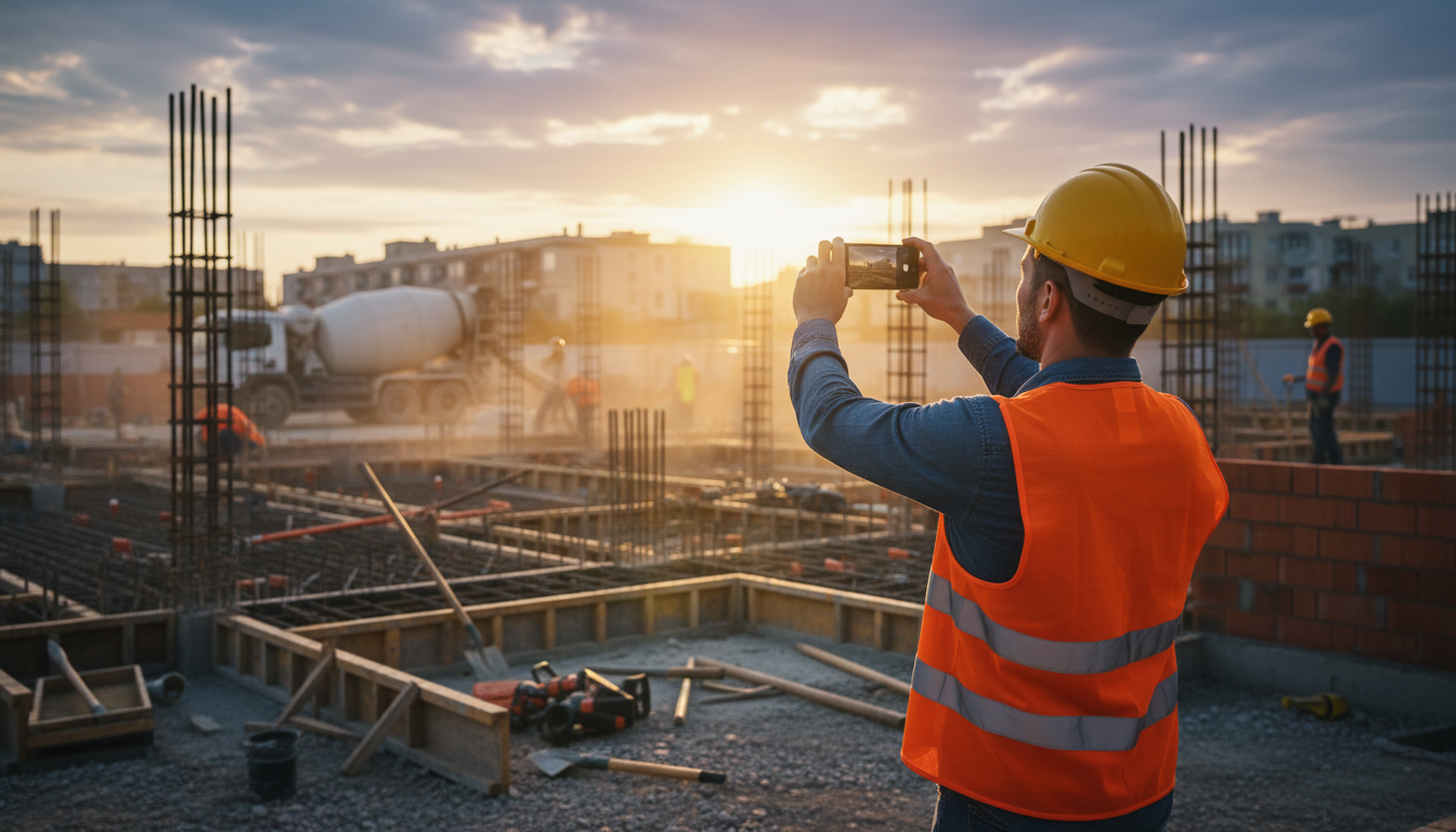 Gros plan d'un artisan (électricien ou plombier) prenant une photo avec son téléphone du chantier où il travaille — Mises ...