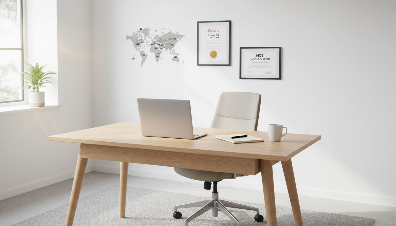 Vue d'un bureau de travail moderne avec ordinateur, carnets de notes et symboles d'autorité numérique — E-E-A-T renforcé e...