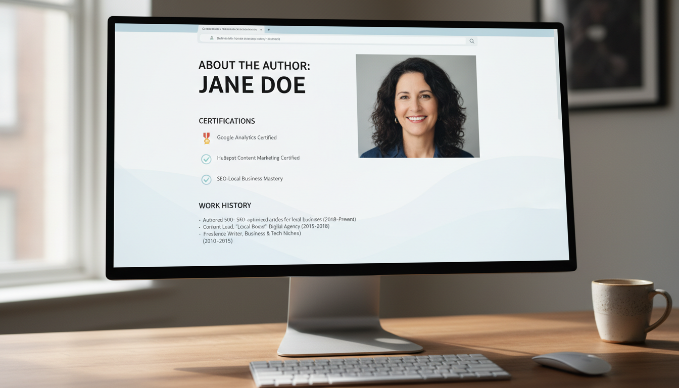 Interface d'une page auteur professionnelle bien structurée avec certifications et expérience — E-E-A-T renforcé et authen...