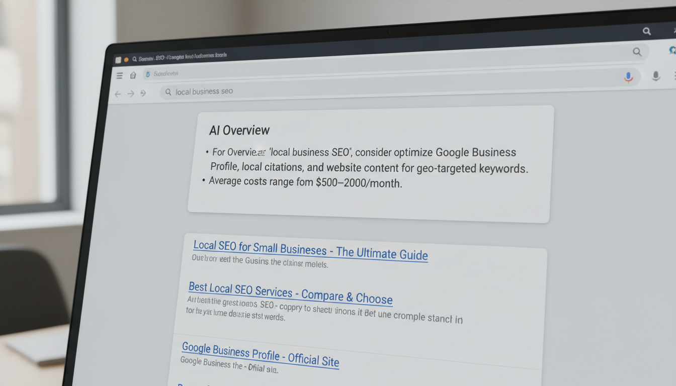 Écran d'un résultat Google avec un AI Overview en haut de la page, au-dessus des liens organiques, avec un contenu synthét...
