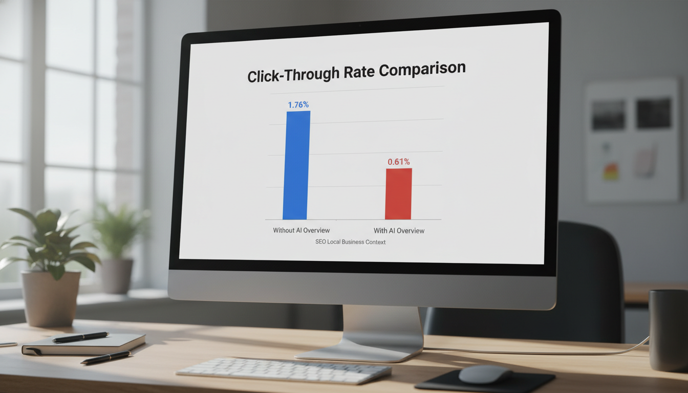 Graphique montrant la baisse du CTR en fonction de la présence d'AI Overviews (1.76% sans, 0.61% avec) — Gemini & IA Overv...