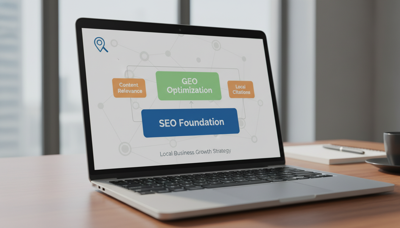 Schéma montrant la stratégie SEO + GEO : une base SEO solide, puis une optimisation GEO en couche additionnelle — Gemini &...