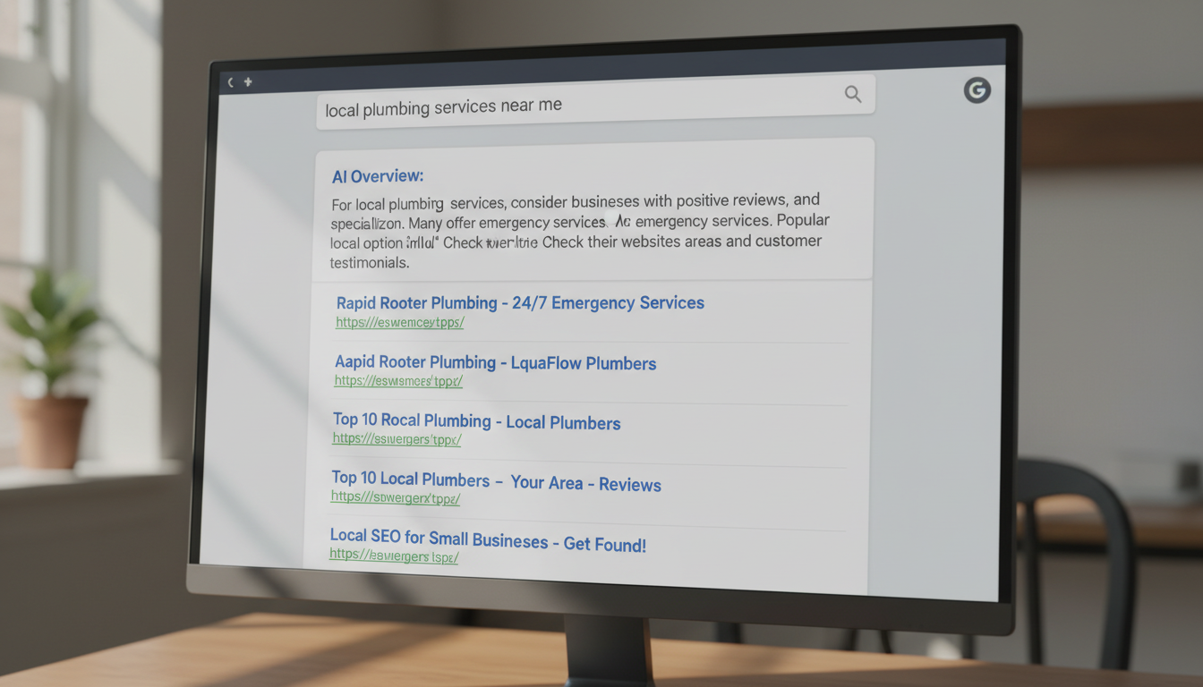 Photo d'un écran d'ordinateur montrant une AI Overview Google avec résumé IA et liens bleus en dessous — Impact AI Overvie...