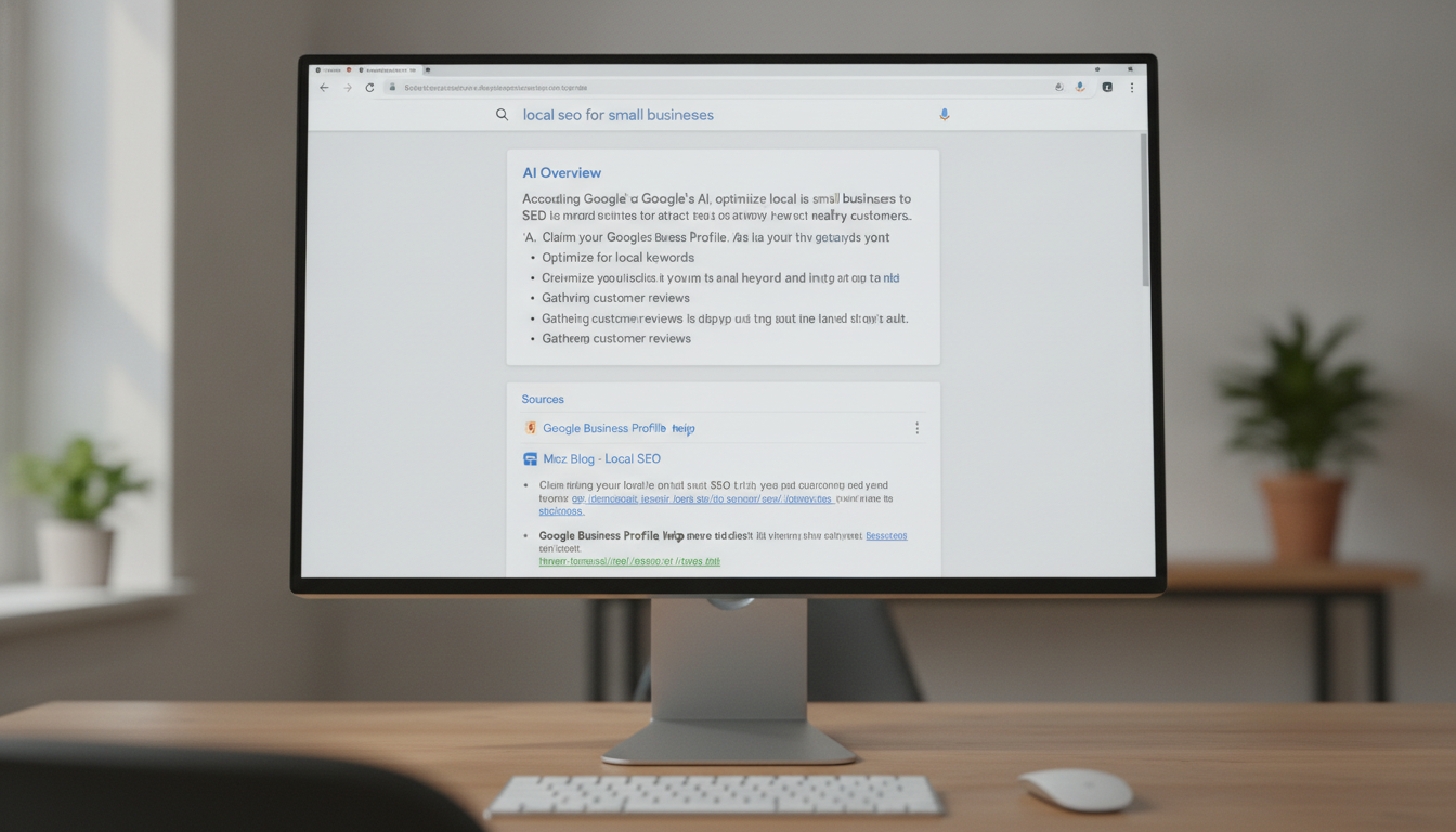 Capture d'écran d'une page Google avec un AI Overview en haut, montrant le format synthétique et les sources citées en bas...