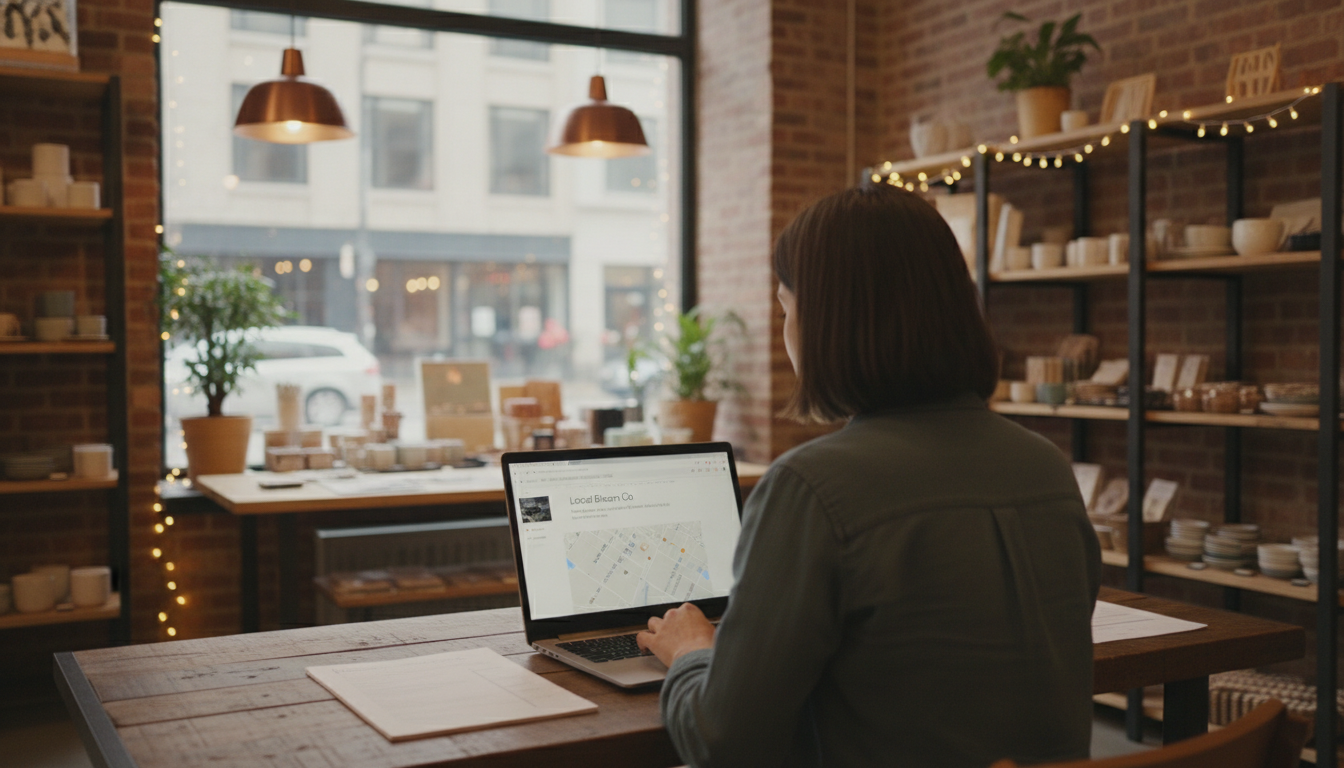 Photo d'un propriétaire de petite entreprise vérifiant sa fiche Google Business Profile sur un ordinateur portable dans un...