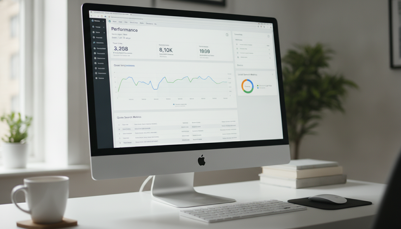 Écran d'un ordinateur affichant un dashboard Google Search Console montrant les impressions, clics et positions moyennes p...