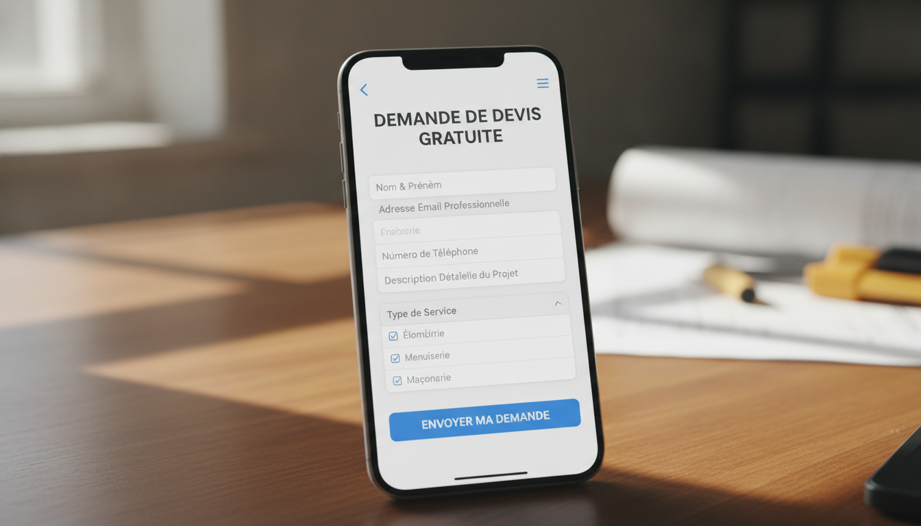 Vue d'écran professionnelle d'un formulaire de devis bien conçu sur un site mobile, avec appels à l'action visibles — comm...