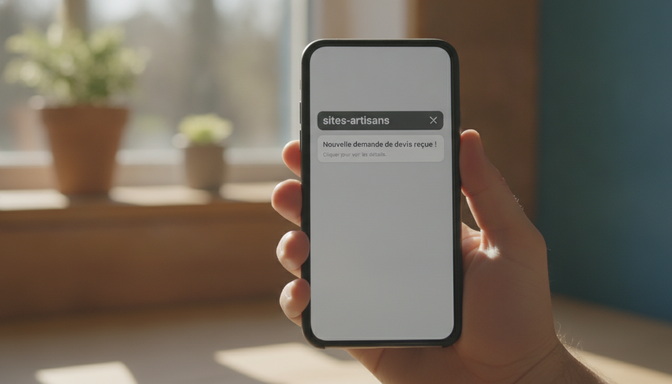 Gros plan sur une notification de demande de devis reçue sur un smartphone, montrant le côté réactif du processus — commen...