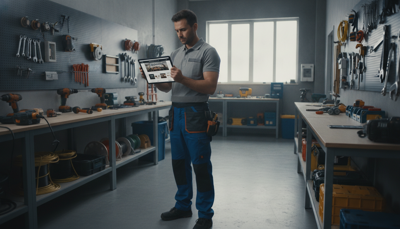 Photo d'un électricien consultant le site professionnel sur tablette dans un atelier bien organisé — que doit contenir le ...