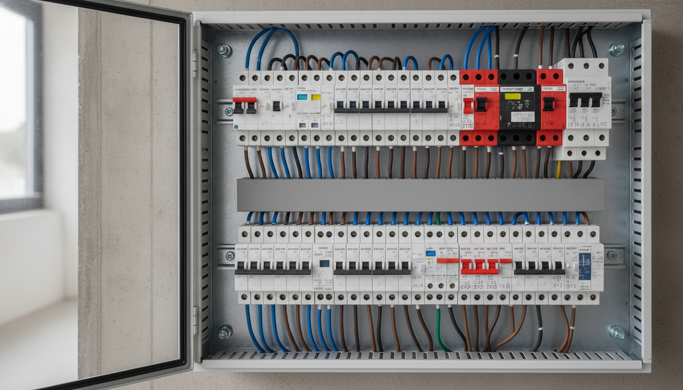 Gros plan d'un tableau électrique moderne avec disjoncteurs en conformité NF C 15-100, bien éclairé — que doit contenir le...