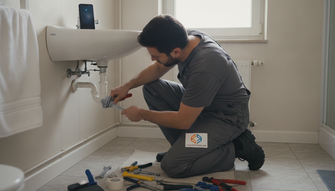 Photo d'un artisan plombier en intervention sous un évier, concentré sur son travail, avec un téléphone visible sur le reb...