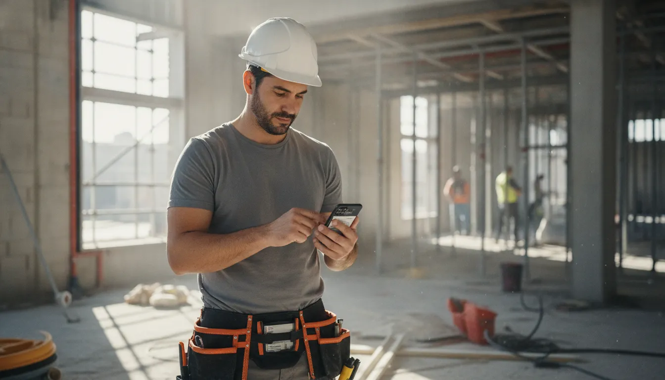 Plombier vérifiant son téléphone sur un chantier pour consulter les demandes de devis reçues, trouver des chantiers