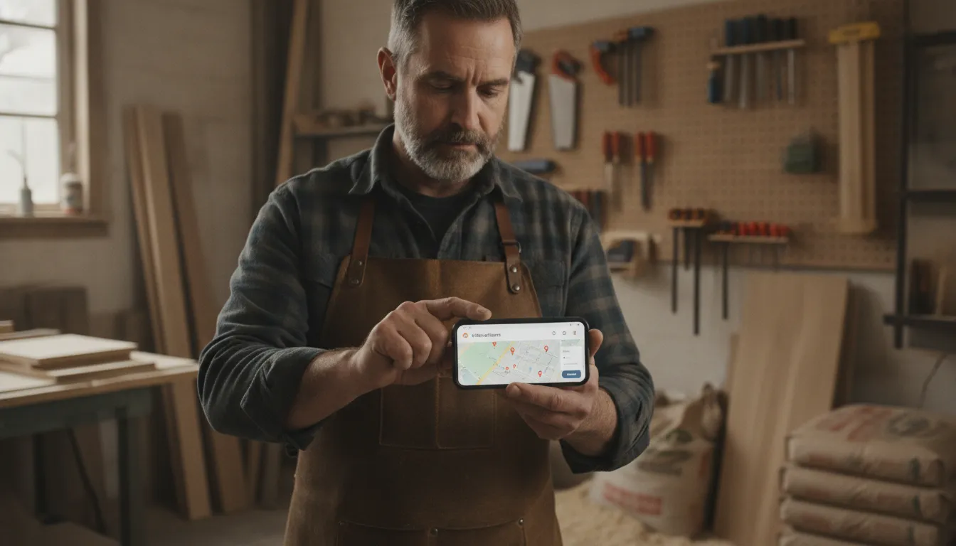 Photo d'un artisan utilisant son téléphone pour consulter sa fiche Google Business Profile, avec la carte Google Maps en a...