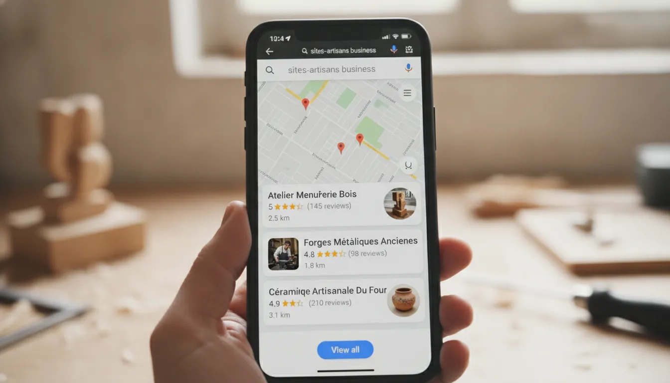 Capture d'écran d'un Local Pack Google Maps montrant trois fournisseurs locaux avec notes, avis, et distance affichée, re...