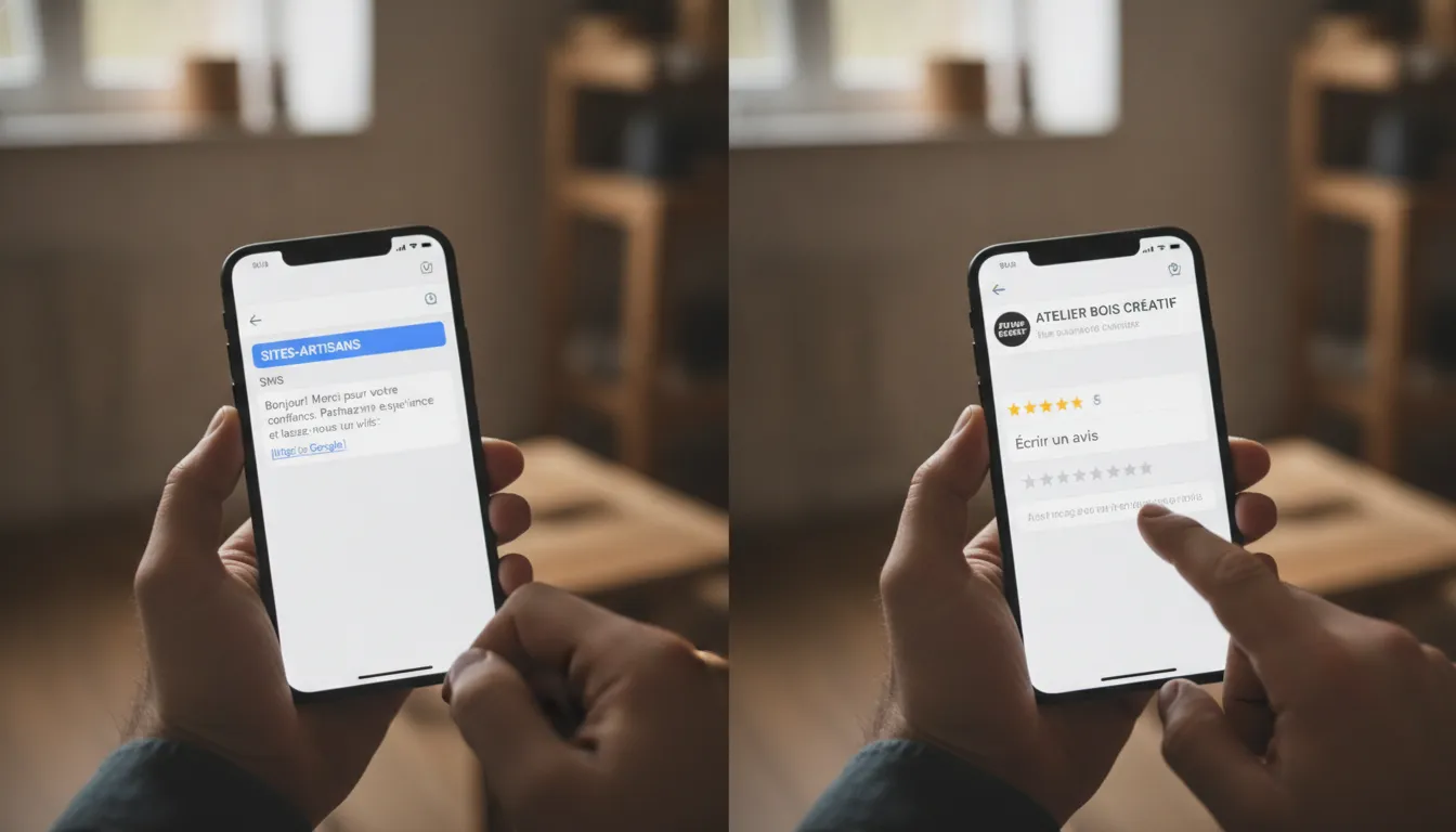 Illustration d'un processus de collecte d'avis: client reçoit un SMS, clique sur le lien Google, et publie un avis, refer...