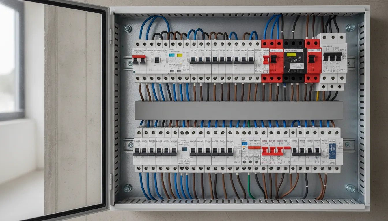 Gros plan d'un tableau électrique moderne avec disjoncteurs en conformité NF C 15-100, bien éclairé