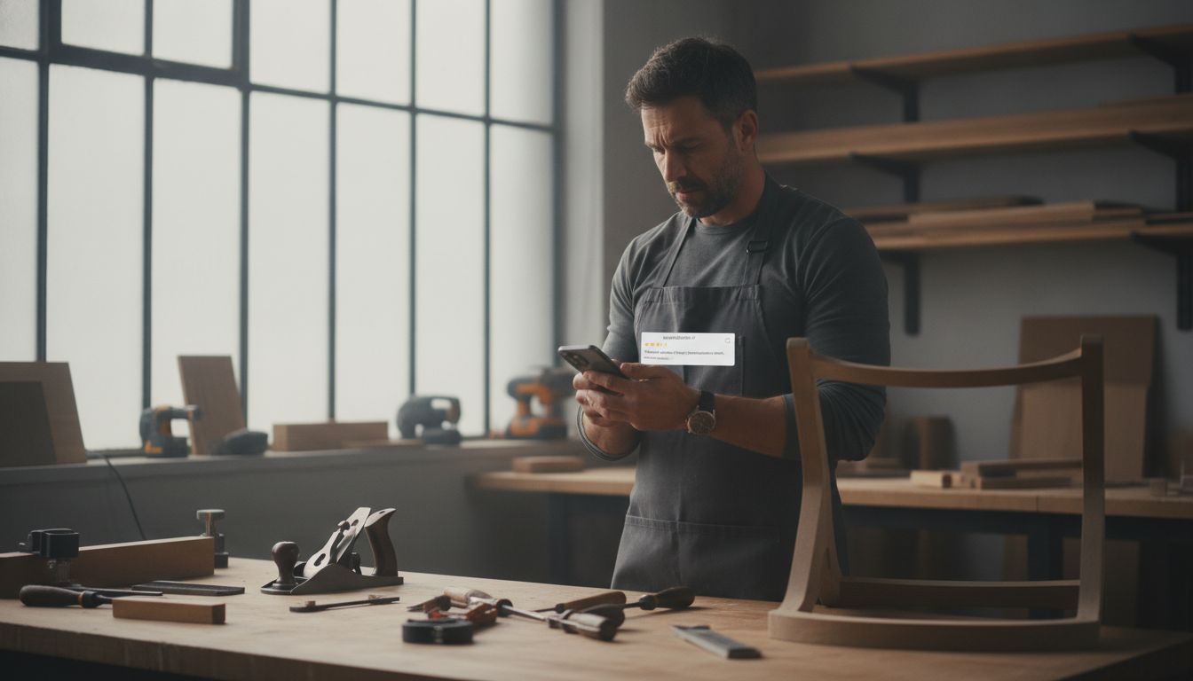 Artisan relisant un avis négatif Google sur son téléphone dans un atelier moderne — répondre à un avis Google négatif