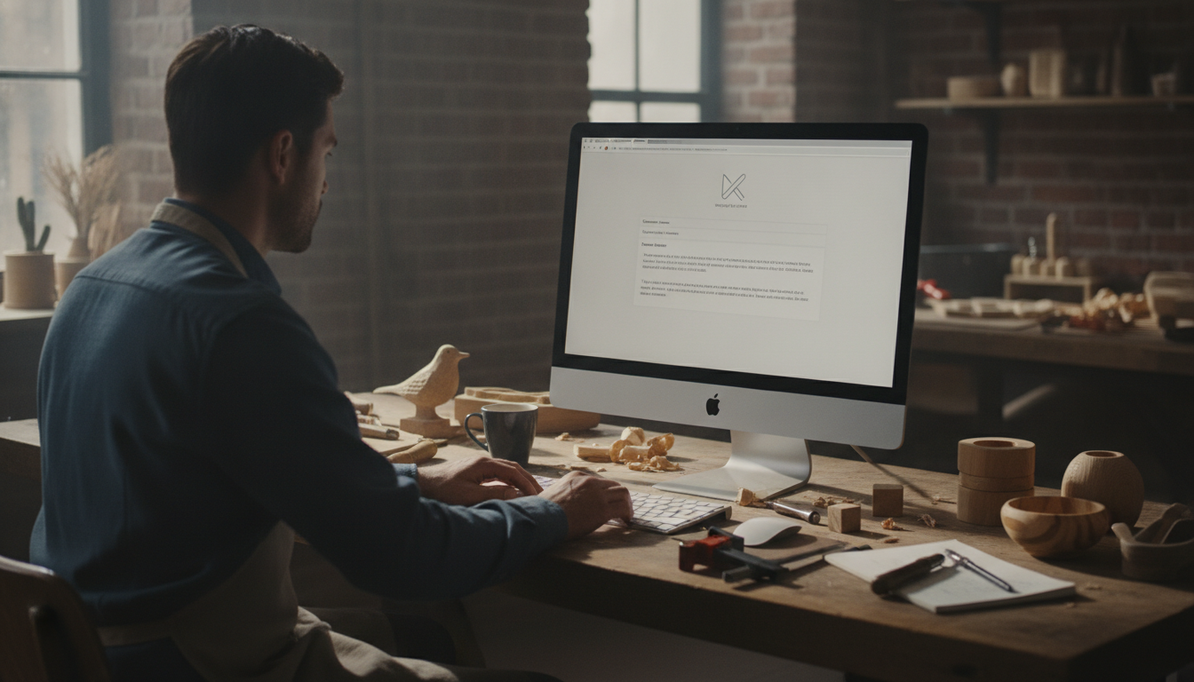 Modèle de réponse à un avis Google négatif affiché sur écran d'ordinateur dans un bureau artisanal — répondre à un avis Go...