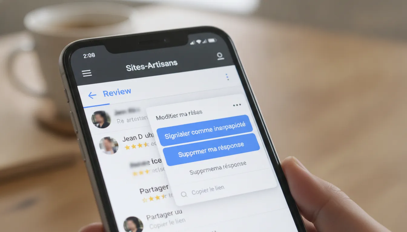 Capture d'écran montrant l'interface Google Business Profile avec un avis visible et le bouton de signalement dans le menu...