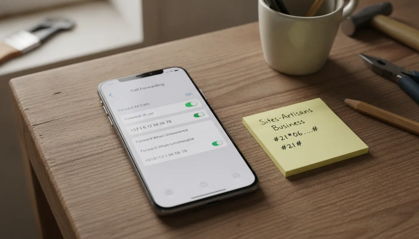 Gros plan sur un téléphone d'artisan avec l'écran d'activation du renvoi d'appel, des codes notés sur un post-it à côté