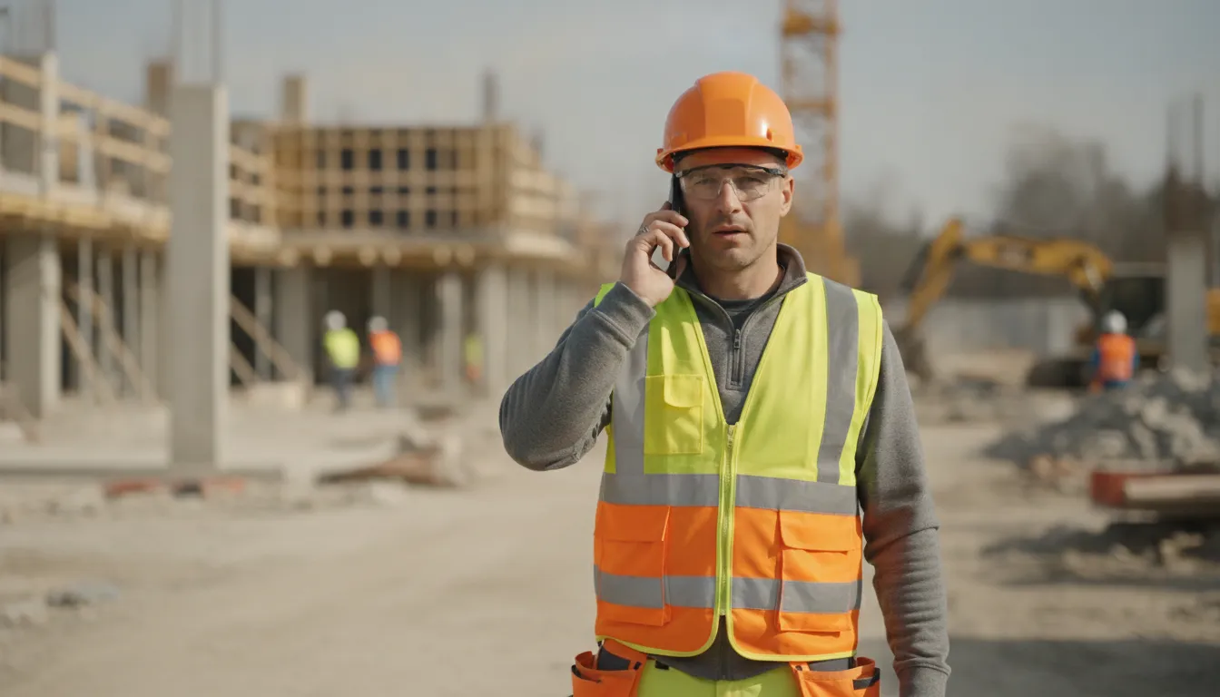 Artisan sur chantier répondant à un appel téléphonique professionnel