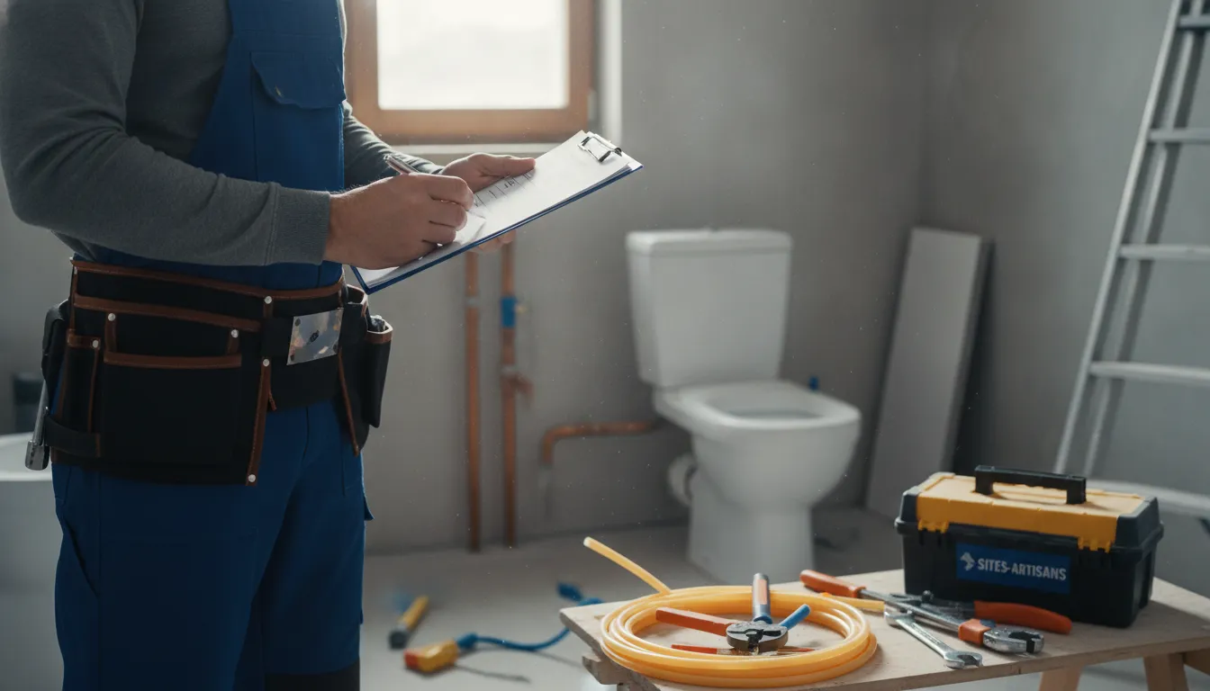 Photo d'un artisan plombier remplissant un formulaire de devis sur un chantier, mentions obligatoires devis