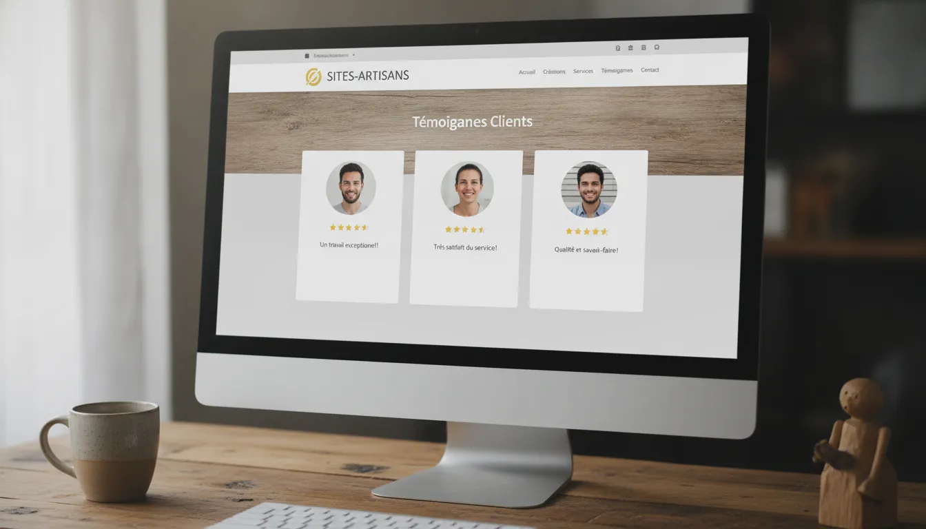 Vue d'un site professionnel d'artisan affichant des témoignages clients avec photos et étoiles