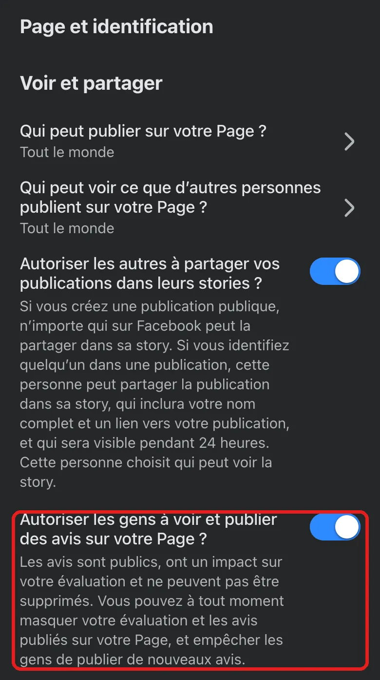 Écran Page et identification d'une Page Facebook. L'option Autoriser les gens à voir et publier des avis sur votre Page, avec son interrupteur activé en bleu, est entourée en rouge.