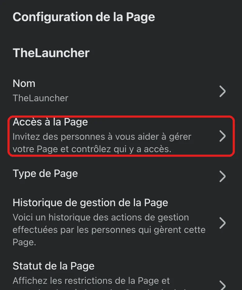 Écran Configuration de la Page dans les paramètres Facebook. La ligne Accès à la Page, pour inviter des personnes à gérer la Page, est entourée en rouge.