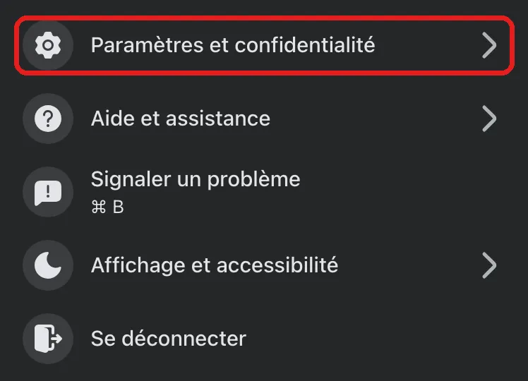 Menu du compte Facebook de la Page TheLauncher, ouvert depuis la photo de profil en haut à droite. La ligne Paramètres et confidentialité est entourée en rouge.