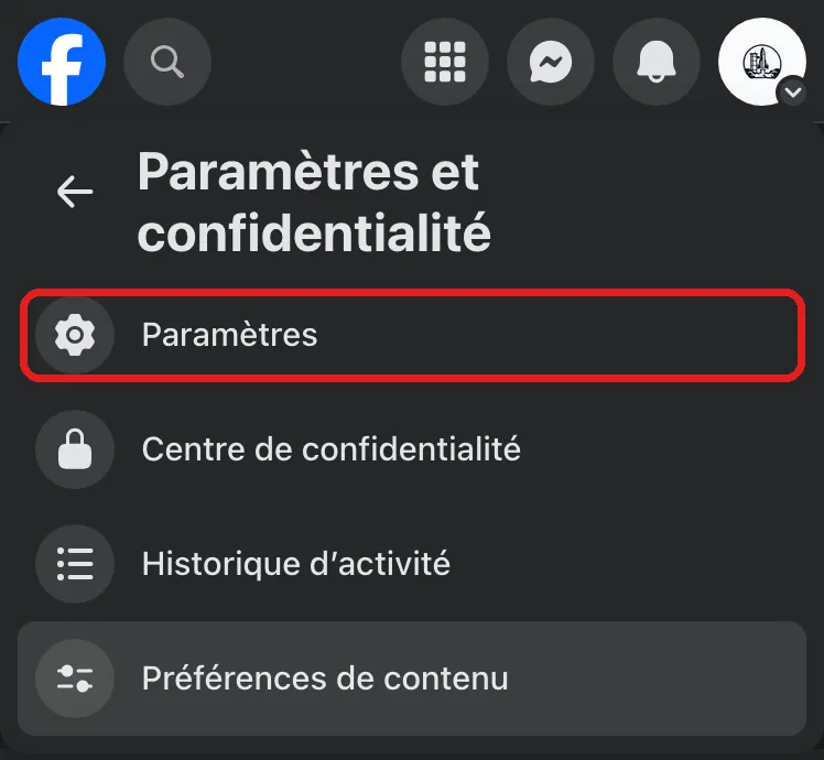 Sous-menu Paramètres et confidentialité de Facebook. La ligne Paramètres, en haut de la liste, est entourée en rouge.